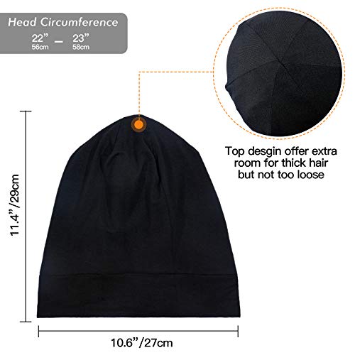 Silky Satin Lined Bonnet Sleep Cap - Adjustable Stay on All Night Hair Wrap Cover Slouchy Beanie for Curly Protection Women and Men Solid Black