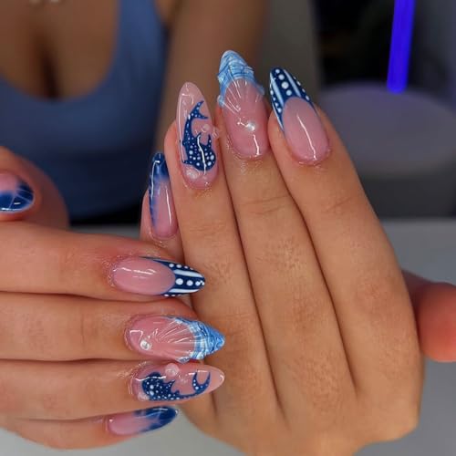 3D Blue Ocean Press on Nails Medium Almond Fake Nails with Shell Pearl Fish Designs French False Nail Tips Glossy Glue on Nails Full Cover Stick on Nails for Women Manicure Decorations 24Pcs