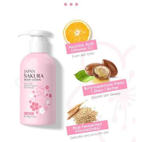 Glossy Body Lotion Firming Moisturizer for Dry Skin, JAPAN SAKURA Full Body Skin Care Pump with Niacinamide & Vitamin C Nourish Skin, Non- Sticky Refreshing, Quickly Absorbed (200ml)