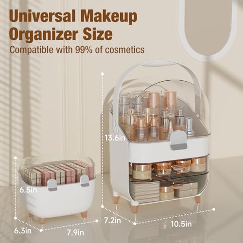 Makeup Organizer for Vanity, Skincare Organizer with Drawers, Storage Box with Handle, Cosmetic Display Cases for Dresser, Bathroom, Countertop, Christmas Gifts for Teen Girls (Silver)