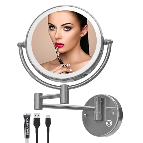 Wall Mounted Lighted Makeup Mirror with Magnification 5X, Rechargeable Magnifying Shaving Cosmetic Mirror with Extendable Swing Arm for Bathroom, Touch Stepless Dimming, Chrome