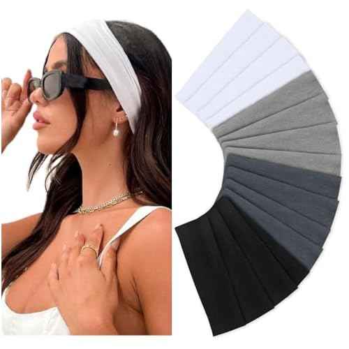Huachi Headbands for Women Non Slip 16 Pack Elastic Sports Hair Bands for Women, Soft Cotton Cloth Headband for Workout Yoga Fashion Hair Accessories, Black White Gray Trendy Head Bands