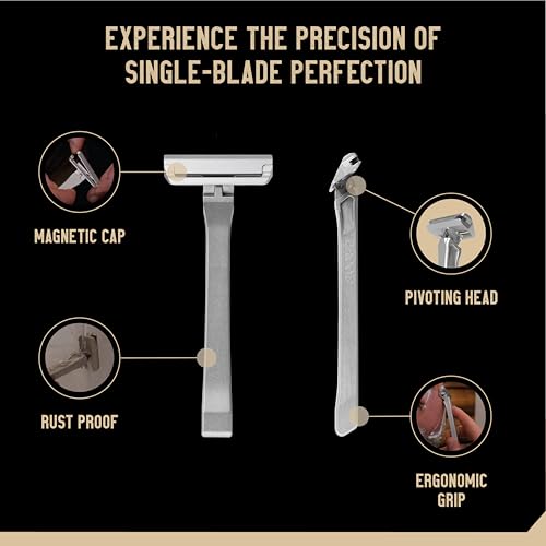 Proof Single Blade Razor for Men Pivoting Head Made in USA - CNC Machined Aluminum Easy Blade Replacement - Includes Genuine Leather Travel Case and Safety Razor Blades