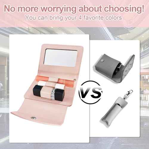 PU Lipstick Case Holder with Mirror Holds 3pcs of Long Lipsticks Keychain Holder with Clip Organizer Bag for Outside Mini Bag Pouch Gift for Women-Pink