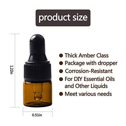 Sample Dropper Bottles, Mini Dropper Bottles with 2 Pcs Plastic Droppers for Traveling Essential Oils DIY Cosmetic Liquid Sample Perfume (Amber, 1ML)