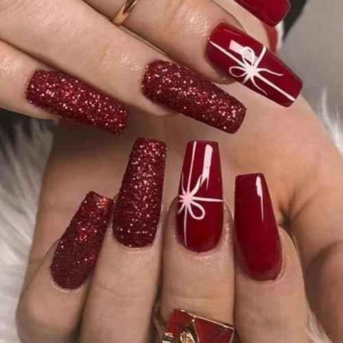 Christmas Press on Nails Long Coffin Fake Nails Wine Red Press on False Nails with White Gift Banderole Tips Designs Red Glitter Cute Acrylic Nails Full Cover Holiday Glue on Nails for Women and Girls