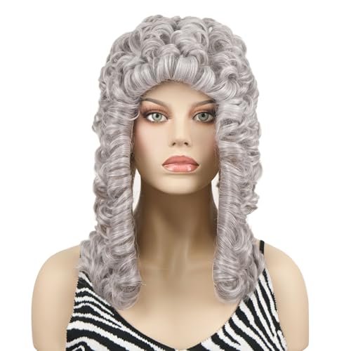 Aimole Curly Grey Judge Lawyer Wig Synthetic Long Wigs for Men Colonial Barristers Wig Halloween Cosplay Christmas Party Costume Hair (#53)