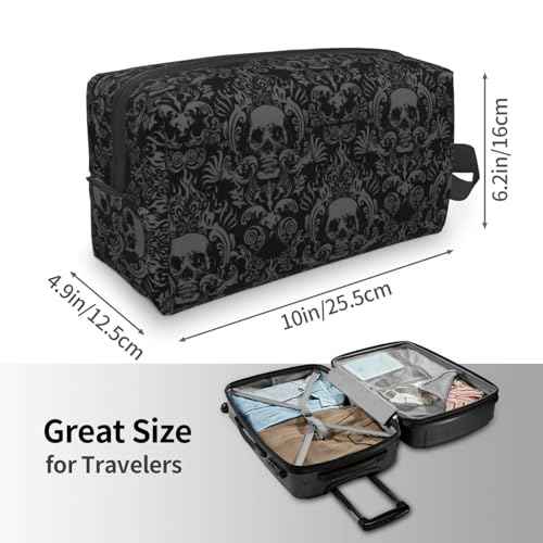 Gothic Skull Black Flower Halloween Cosmetic Bag for Women, Large Capacity Travel Makeup Pouch Portable Waterproof Toiletries Accessories Organizer