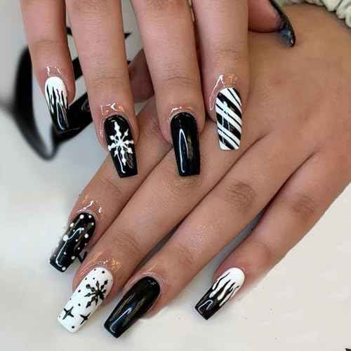 24Pcs Christmas Press on Nails Medium CEWEWP Coffin Snowflake Fake Nails Black Full Cover Acrylic Nails with Design Artificial Nails Xmas False Nails Black Flame Stick on Nails for Women