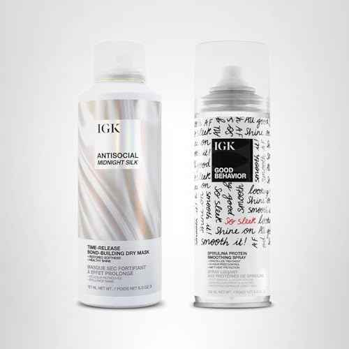 IGK Hair Treatment Full Size Set | Antisocial Dry Hair Mask + Good Behavior Spirulina Spray | Overnight Bond-Building + Keratin Like Smoothing Spray | Set of 2 - New and Improved Scent