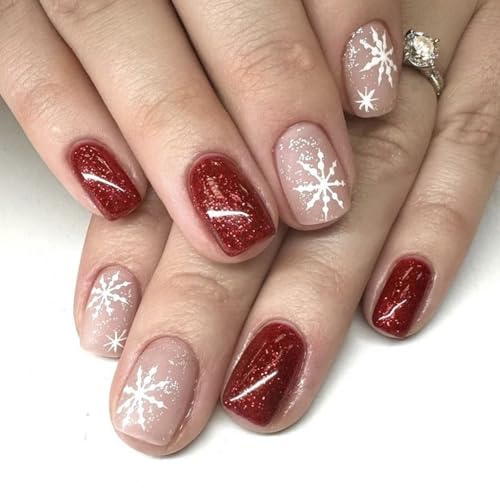 24 Pcs Christmas Press On Nails Short Square -ZIFANHU Red Glitter Fake Nails Press Ons Nail Tips Glue on Nails Christmas Snowflake Design Full Cover Acrylic False Nails Stick on Nails for Women