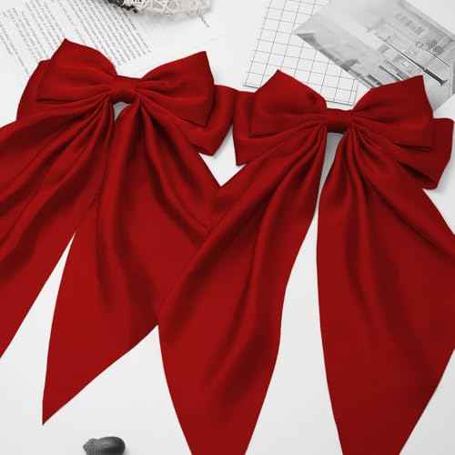 Hair Bows for Women, 2Pcs Burgundy Red Bow Hair Clips for Girls, Silky Satin Hair Bows Clips Long Tail, Large Hair Barrettes Cute Aesthetic Hair Accessories