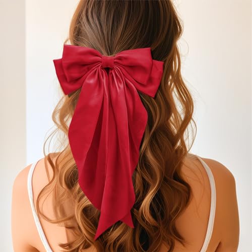6PCS Hair Bows for Women Big Bow Hair Clips Silky Satin Long Tail Hair Bows Cute Hair Ribbon Coquette Bows Hair Accessories(Black Red Sapphire Blue blackish Green Dark Blue Coffee)
