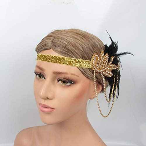 1920s Flapper Headband Roaring Vintage Feather Headpiece Gold Bling Rhinestone 20s Gatsby Hair Accessories for Women