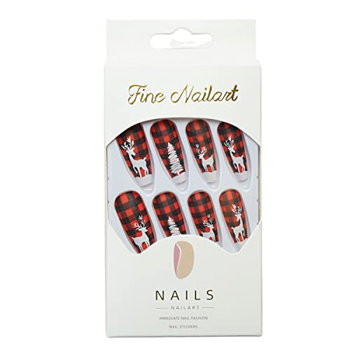 24Pcs Christmas Press on Nails Medium Length Red Buffalo Plaid Coffin Fake Nails Xmas Tree Deer False Nails with Nail Glue Full Cover Acrylic Nails for Women Girls DIY New Year Nail Decor