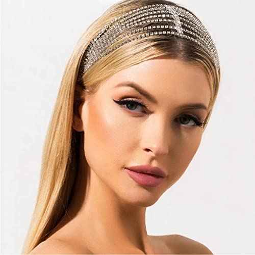 NAISKA Silver Crystal Rhinestone Head Chain Multi Layered Elastic Adjustable Rhinestone Hair band Wedding Bridal Forehead Headpieces Caps Party Prom Hair Jewelry for Women and Girls