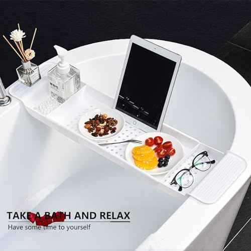 Bath Tub Tray - Stretchable, Strong Load-Bearing, Plastic, Anti-Slip Design - Ultimate Bathtub Caddy Tray (White)