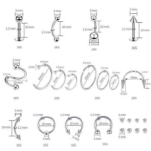 94PCS Mixed-pack Piercing Kits for All Body Piercings Stainless Steel 14G 16G 20G Jewelry and Needle with Tools Nose Septum Lip Ear Belly Button Cartilage Tragus