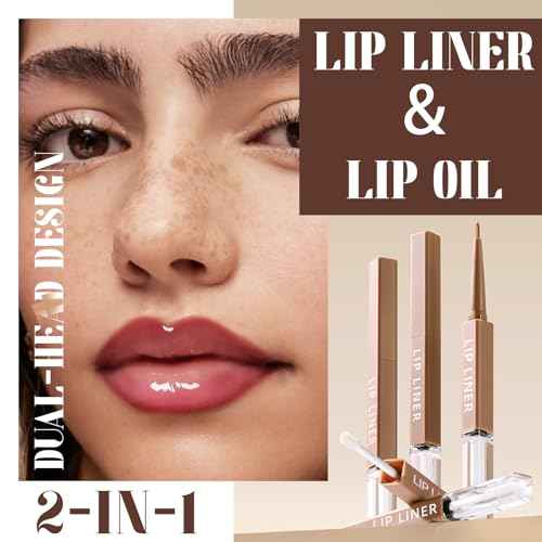 Double-ended Lip Liner with Clear Lip Oil, Moisturizing High Shine Transparent Lip Glow Oil with Nude Pink Lip Liner Set, Non-Sticky Plumping Lip Gloss Combo Lipstick Makeup-02