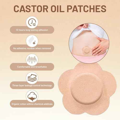 50 PCS Castor Oil Patches, Castor Oil Belly Button Patch, Disposable Organic Cotton Self-Adhesive Pads, Anti Leakage Design, Breathable & Portable, No Wash (Flowers, Beige)