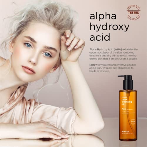 Hanskin AHA Pore Cleansing Oil for Dry Skin, Exfoliating, Waterproof Makeup Sebum Remover Facial Oil Cleanser for Face, Moisturizing for Soft Skin, Korean Skincare [AHA/10.14 oz.]