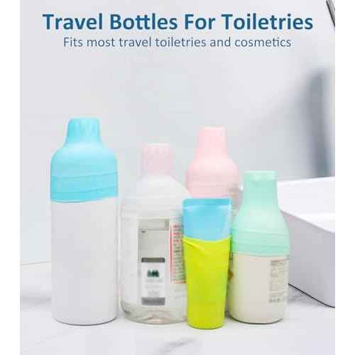 5 Pack Travel Essentials Accessories Silicone Bottle Covers, Cruise Essentials, Beach Vacation Essentials for Women Men, Elastic Sleeves for Leak Proofing, Fit Travel Size Bottles Toiletries