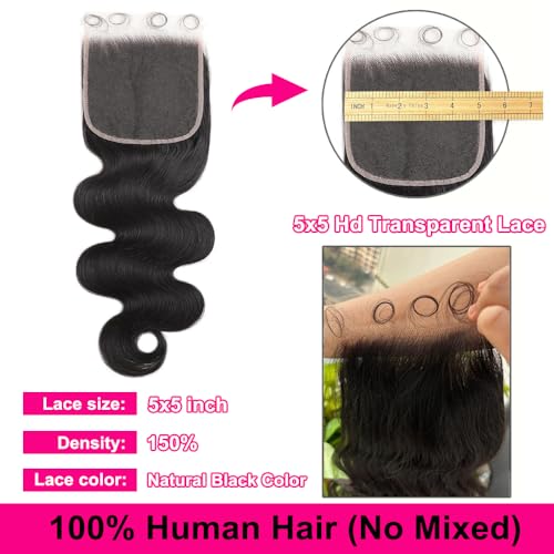 20 inch 5x5 HD Lace Closure Human Hair Body Wave 0.10mm SKINLIKE Ultra-thin Invisible HD Lace Closure 100% Human Hair Extensions 12A Brazilian Virgin Hair Pre Plucked with Baby Hair Natural Color