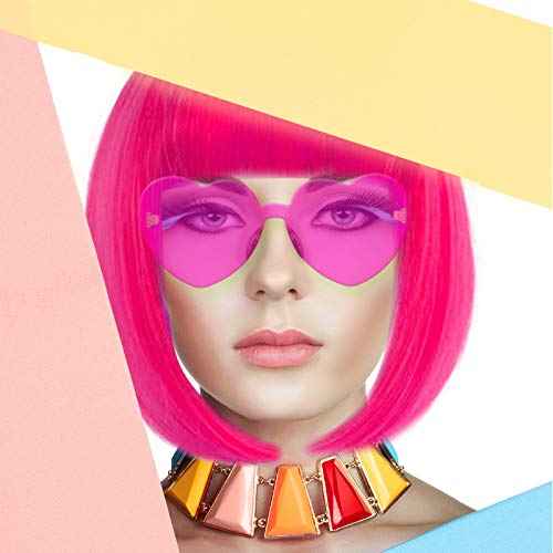 Short Bob Hair Wigs Straight with Flat Bangs Synthetic Colorful Cosplay Daily Party Neon Wig for Women + Free Wig Cap 14" Natural As Real