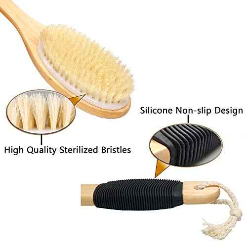 OWIIZI Bath Brush Wooden Curved Long Handle Antiskid Shower Brush for Exfoliating, Natural Bristle Scrubber for Back Use Wet or Dry