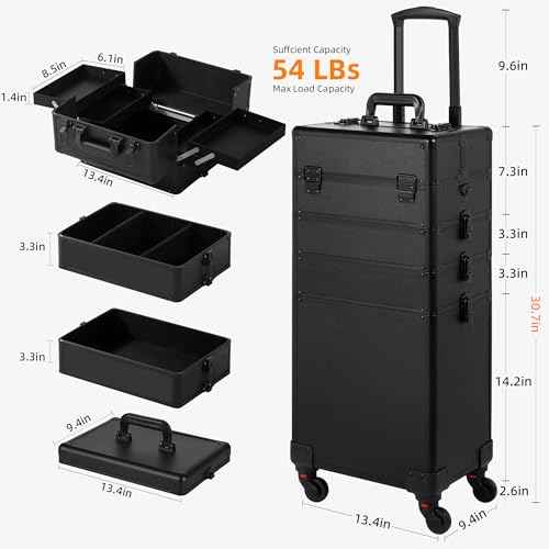 Rolling Makeup Case, Makeup Train Case with Lid, 5 in 1 Cosmetology Case on Wheels, Christmas Gift, Large Makeup Organizers, Profesional Cosmetic Case for Salon Barber, Black