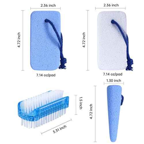 Glass Pumice Stone for Feet Callus Remover?4-in-1 Foot Scrubber Kit with 2 Bigger Dual-Sided Foot Pumice Stones, Cone Foot Exfoliator, Nail Brush for Cleaning Fingernails ?Blue &White