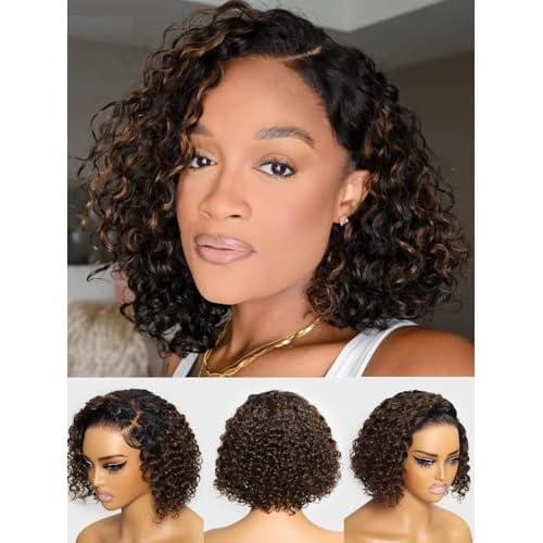 Julia Hair 8 Inch Ombre Brown Short Curly Bob Bye Bye Knots Glueless Wigs Human Hair Pre Cut 7x5 HD Lace Closure Wig Pre Cut Lace Closure Pre-Everything Pre-Plucked Pre Bleached Balayage Brown Wig
