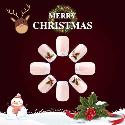 24 Pcs Christmas Pink Press on Nails Short Square - SHANRUN Xmas White French Fake Nails Press ons Nail Art Tip Glue on Nails Full Cover Artificial Acrylic False Nails with Christmas Tree Fruit Design