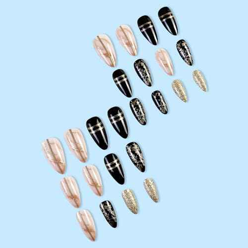 Black Amber Press on Nails Almond Fake Nails Medium Length Gold Foil Glue on Nails with Designs False Nail Tips Exquisite Almond Shape Stick on Nails Medium Artificial Nails for Women 24Pcs