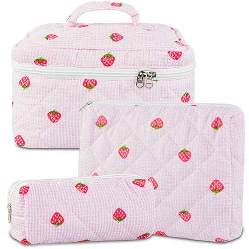 3PCS Makeup Bag Set, Quilted Cosmetic Bag, Large Travel Aesthetic Make up Bag, Cute Coquette Toiletry Bag for Women Girls