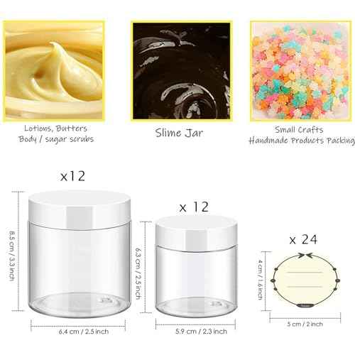 TUZAZO 24 Pack Plastic Jars with White Lids and Labels, 12pcs 8 OZ and 12pcs 4 OZ Round Clear Cosmetic Containers for Body Butter, Body Scrub, Cream, Lotion, Slime Jar, Small Items, Travel Storage