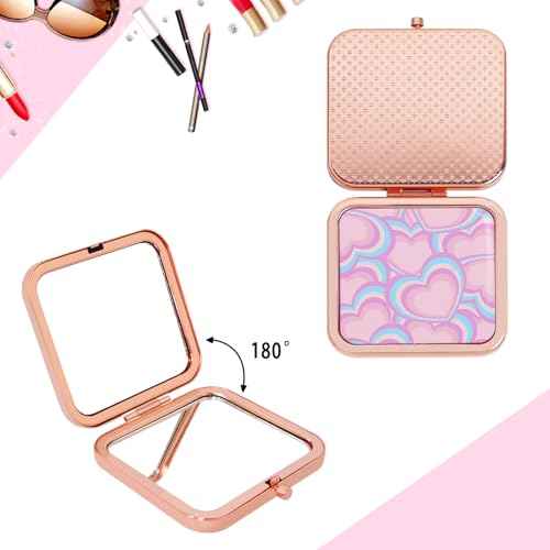 Cute Pink Compact Mirror for Women, Small Magnifying Travel Mirror, Portable 2 x 1x Magnification Folding Pocket Makeup Mirror Cosmetic Mirror for Gift Travel Essentials