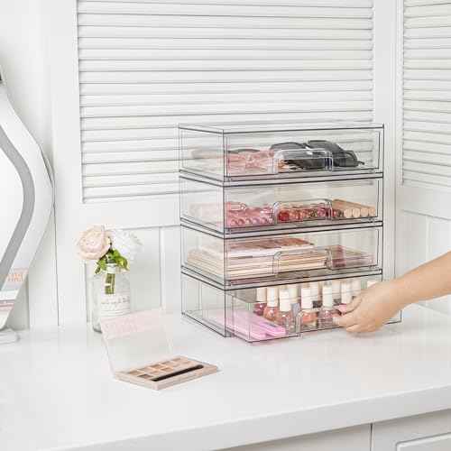 Vtopmart 12.1''W Clear Stackable Storage Drawers,2 Pack Acrylic Plastic Organizers Bins for Makeup Palettes, Cosmetics, and Beauty Supplies,Ideal for Vanity, Bathroom,Cabinet,Desk Organization