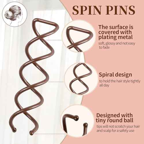 FANDAMEI 50PC Spiral Hair Pins Set, Spin Pins Spiral Bobby Pins for Girls, Women and Kids, Non-Scratch Round Clip & Bun Twist, Stylish Bun Bobby Pins, Premium Spin Pins for Hair, Brown