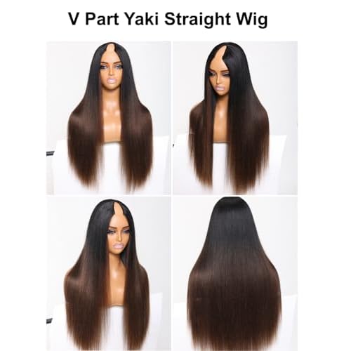 YIROO V Part Wig Human Hair No Leave Out Ombre Chestnut Brown Yaki Straight Glueless Human Hair Wig Upgrade U Part Wigs for Women V Shape Clip in Half Wig No Glue No Sew in Beginner Wig 16inch