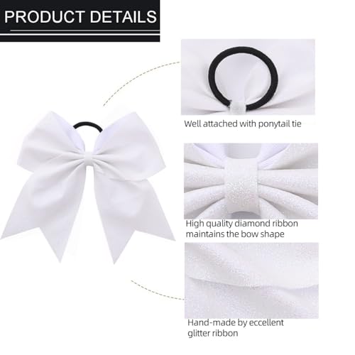 16 PCS Large Glitter White Cheer Hair Bows, Shiny Cheerleading Bows Ponytail Holder for Cheerleader Girls Softball Sports and Christmas Tree Decor (Glitter White)