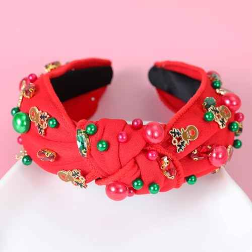 Christmas Reindeer Antler Headbands for Women Girls Red Green Pearl Xmas Knotted Headband Glitter Rhinestone Bejeweled Holiday Headpiece Christmas Party Accessories Gifts