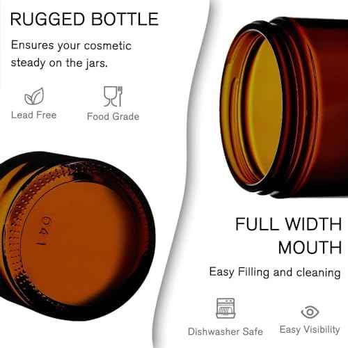 12 Pack 8 oz Round Amber Glass Cosmetic Jars with Black Lids, Spatula, Chalk Labels, Pen, Candle Holder, Refillable Containers for Makeup, Cream, Sugar Scrubs, Bath Salts