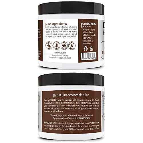 pureSCRUBS Premium Coconut Body Scrub Set - Large 16oz Dead Sea Salt Body Scrub With Infused Essential Oils & Nutrients, Includes Wooden Spoon, Loofah & Oatmeal Exfoliating Bar Soap