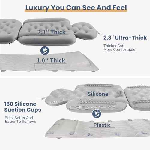 Bath Cushion, Full Body Bathtub Pillow with 160 Suction Cups, Bath Mat for Head and Neck Support, with Laundry Bag (Dark Gray, 51.2" x 16.2")