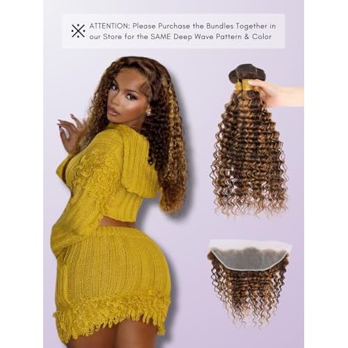 Honey Blonde Highlight Deep Wave 13x4 Lace Frontal Closure Only Human Hair, 12A Virgin 100% Hand Tied Ear to Ear Ombre Brown HD Transparent Frontal Pre Plucked P4/27 Curly Lace Frontal Remy 18In