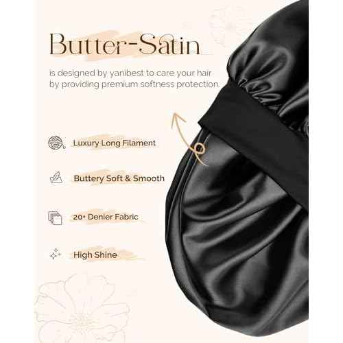 Yanibest Adjustable Satin Bonnet for Sleeping, Double Layer Silk Hair Bonnet with Tie Band for Unisex Women Men Curly Natural