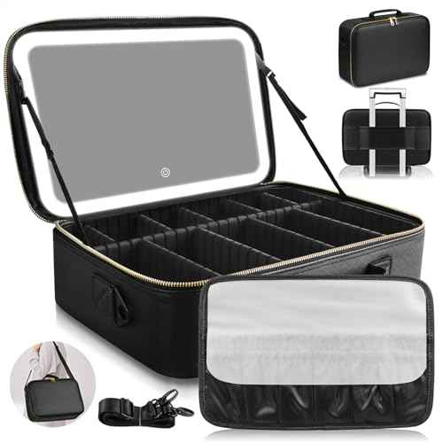 15''X11'' Large Capacity Makeup Bag with LED Mirror, Professional Makeup Case Organizer with 3 Color Light Adjustable Brightness, Travel Make up Cosmetic Case with Detachable Dividers & Shoulder Strap