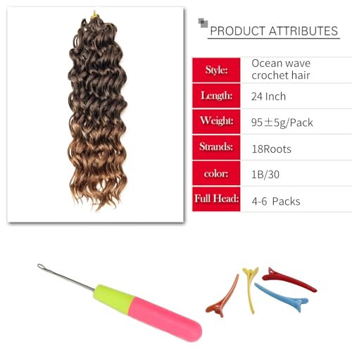 Ocean Wave Crochet Hair Deep Wave Curly Crochet Hair For Women 24inch Hawaii Curly Braiding Hair Synthetic Bohemian Crochet Braid Water Wave Crochet hair Extensions (6Packs, 1B/30)