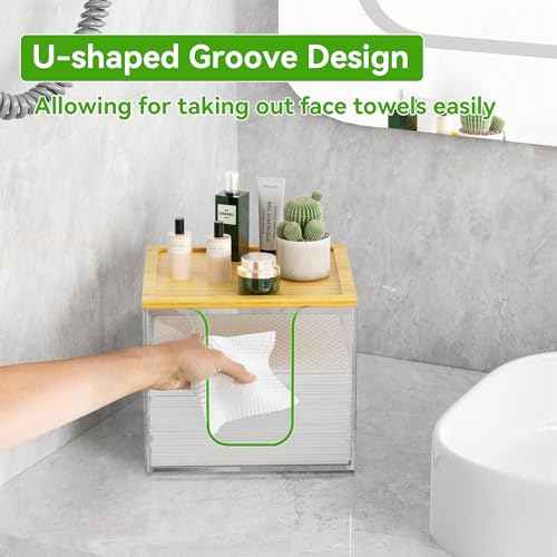 VITVITI Disposable Face Towel Holder Box, Acrylic Facial Towel Container for XL Clean Skin Club, Large Disposable Face Towels Storage with Bamboo Lid, for Bathroom, Vanity Makeup, Clear